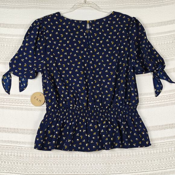 E&M Navy Blue Floral Blouse Puff Sleeve Tie Detail Top Size XL NWT - Picture 2 of 9